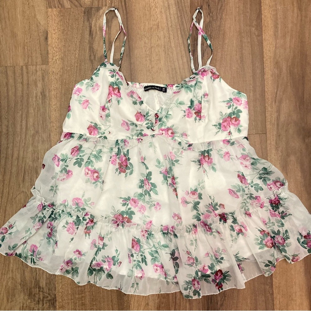 Y2K Abercrombie and Fitch Floral Ruffled Spaghetti Strap Top